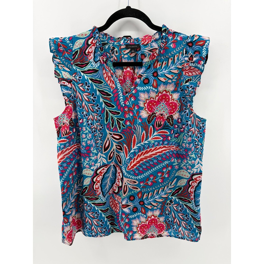 Talbots, Blue Floral Paisley Sleeveless Tank, Ruffle, Boho, Casual Dress, Size M